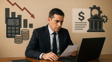 tempos de crise: empresário preocupado com um computador em sua frente.