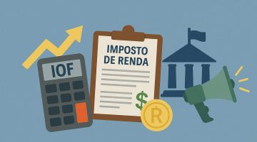 elementos como calculadorea e prancheta em referência ao novo pacote fiscal do governo.